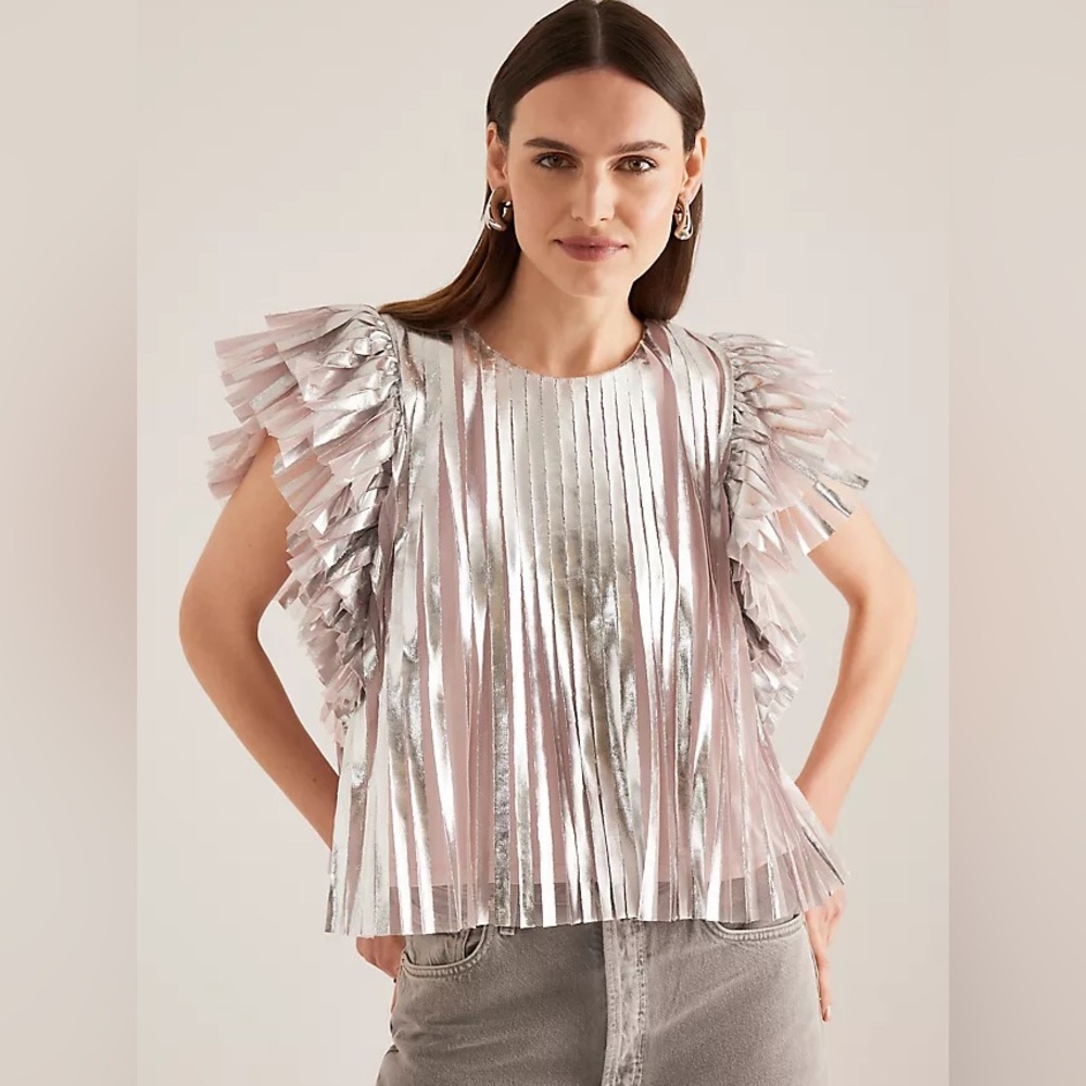 Anthropologie Metallic Pink and Silver Ruffle Sleeve Pleated Blouse